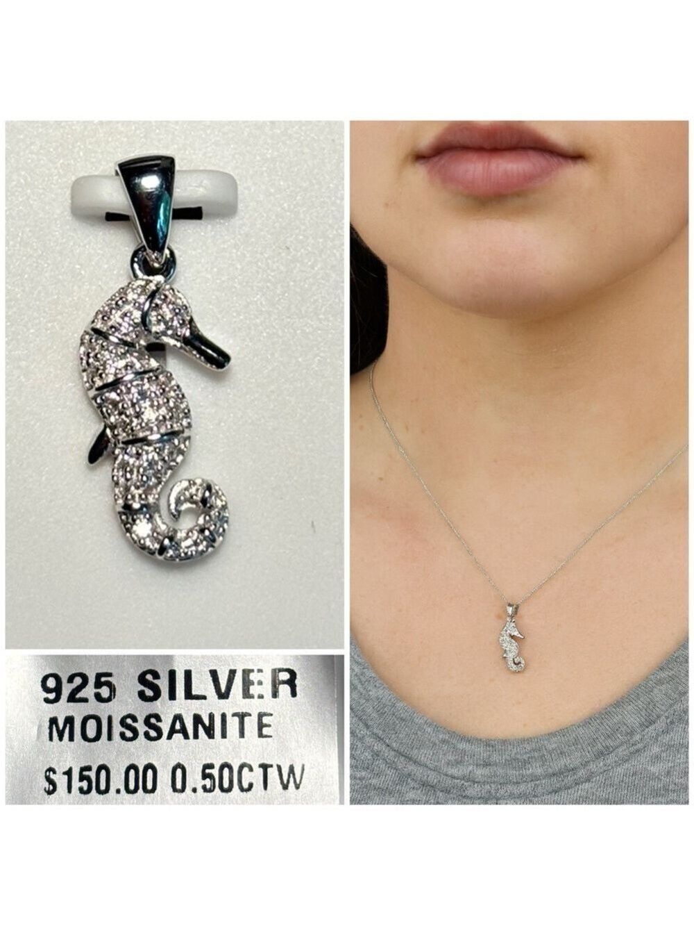 Moissanite over Sterling Silver Rhodium Plated Seahorse Pendant